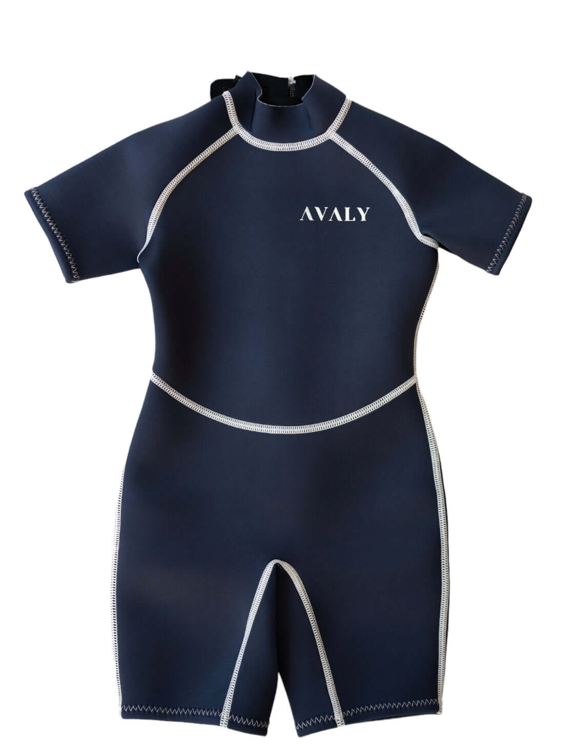 Flat lay of Solid Navy Kids Wetsuit showing full body springsuit design with white contrast stitching