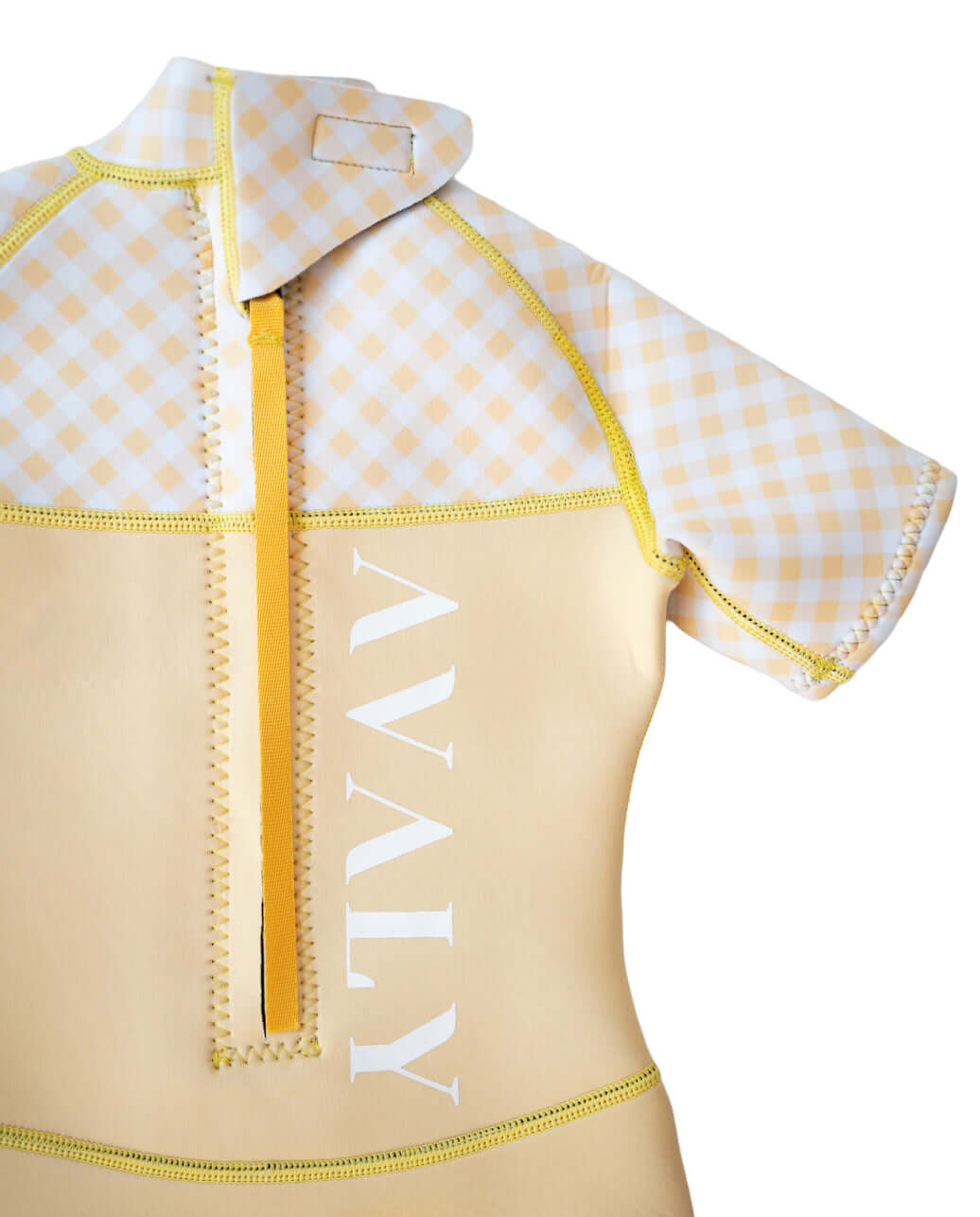Close up detail of Yellow Gingham Kids Wetsuit showing chest zip, white AVALY logo, and gingham pattern sleeves