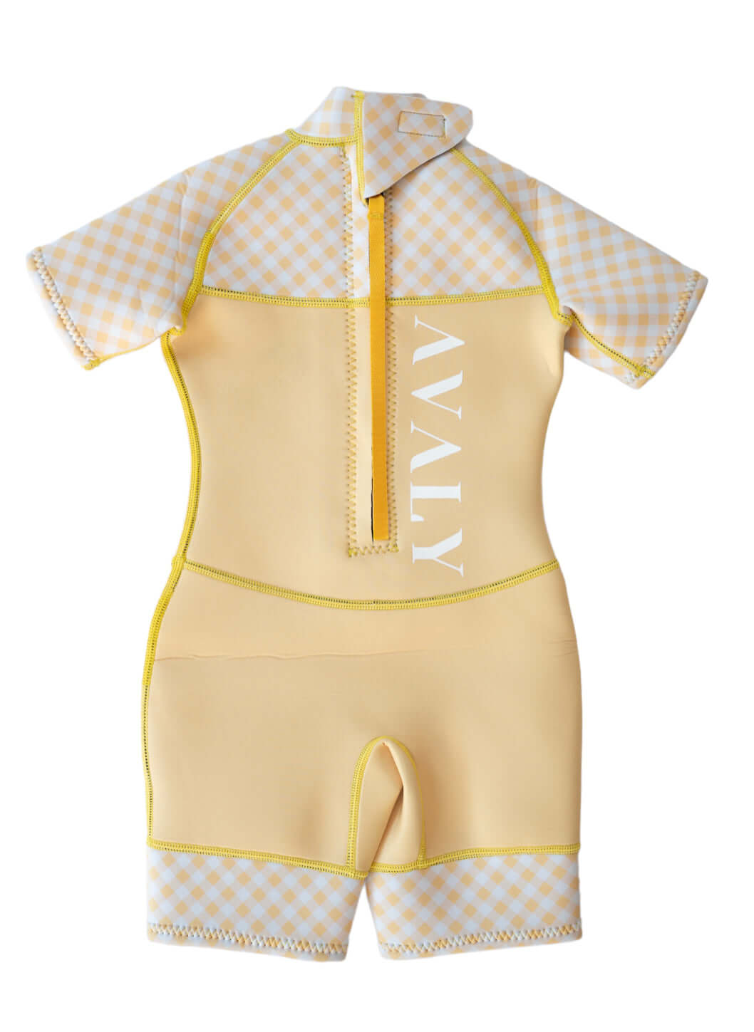 Flat lay of Yellow Gingham Kids Wetsuit showing checkered sleeves, solid yellow body with white Avaly logo and zip front