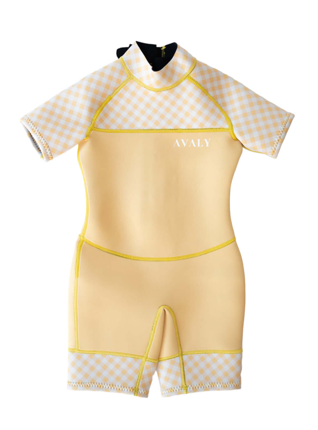 Yellow Gingham Kids Wetsuit laid flat showing checkered sleeves and yellow body with contrast stitching