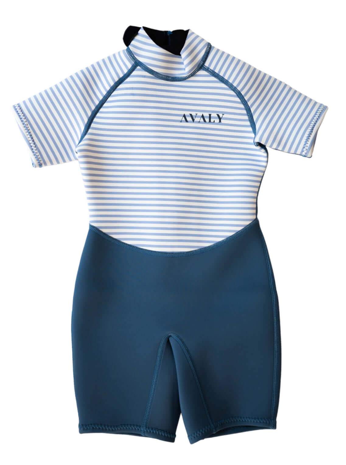 Flat lay of Navy Stripe Kids Wetsuit showing blue and white striped top with solid navy shorts