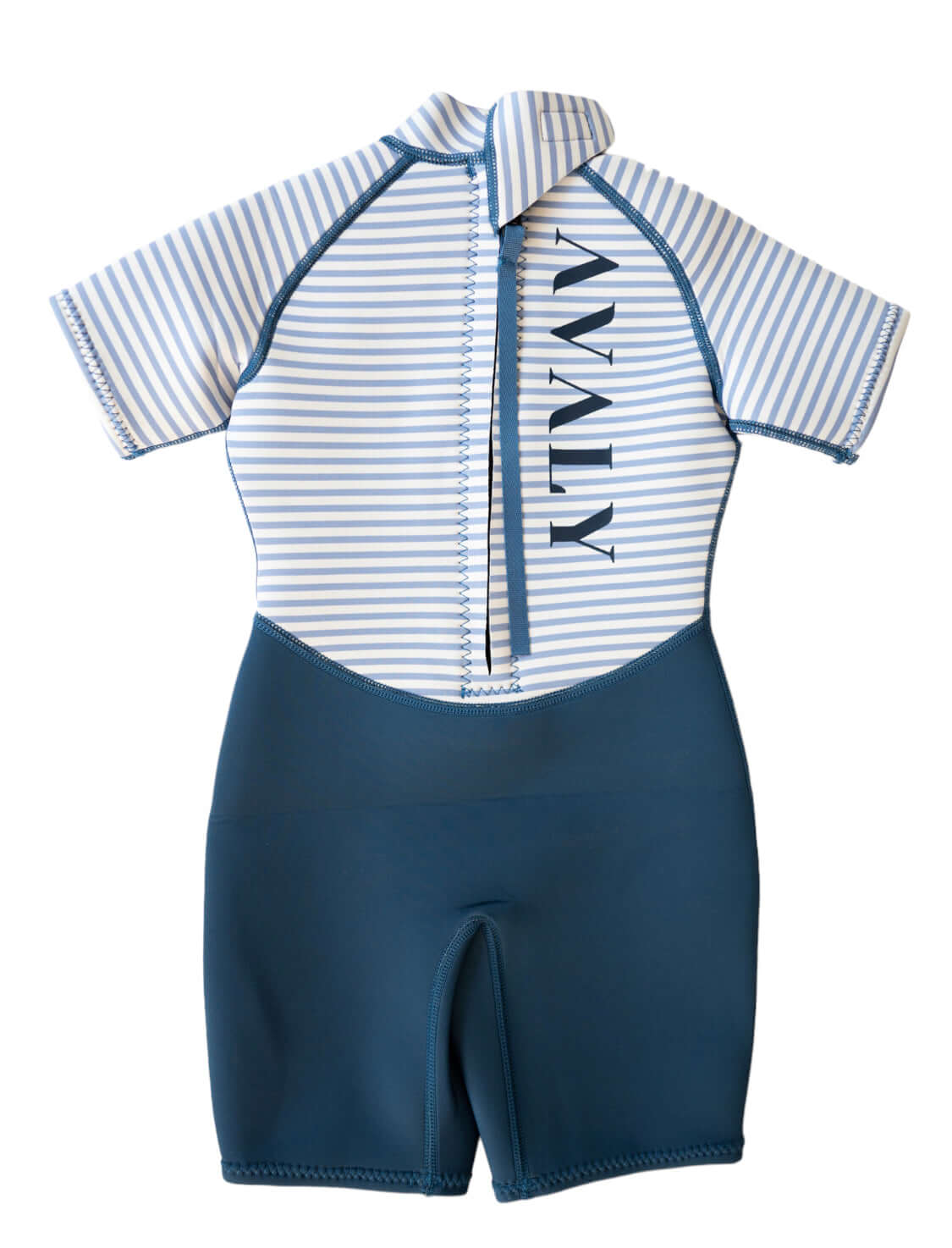 Flat lay of Navy Stripe Kids Wetsuit showing blue and white striped top with navy shorts and front zip closure