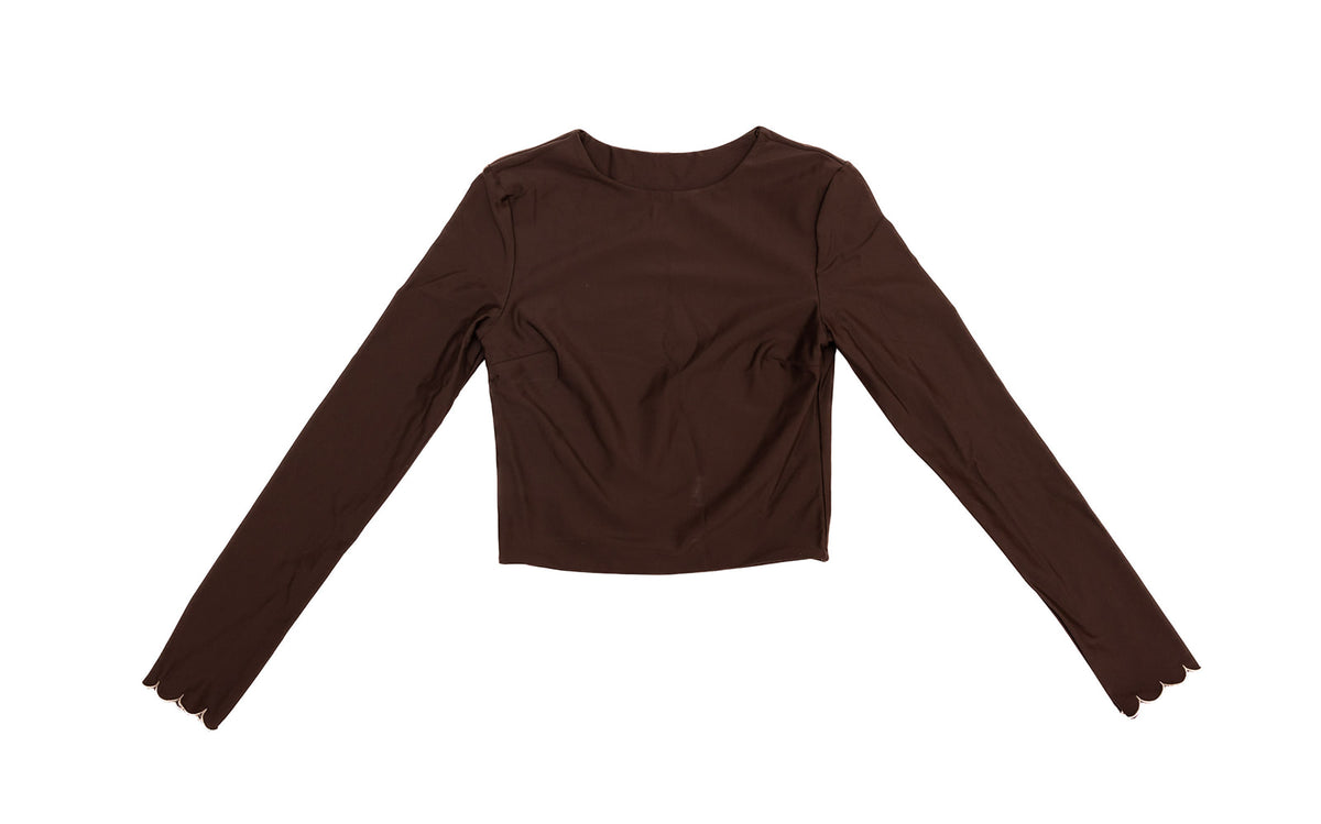 Flat lay of Chocolate Midi Rash Top in rich brown with long sleeves and crew neckline