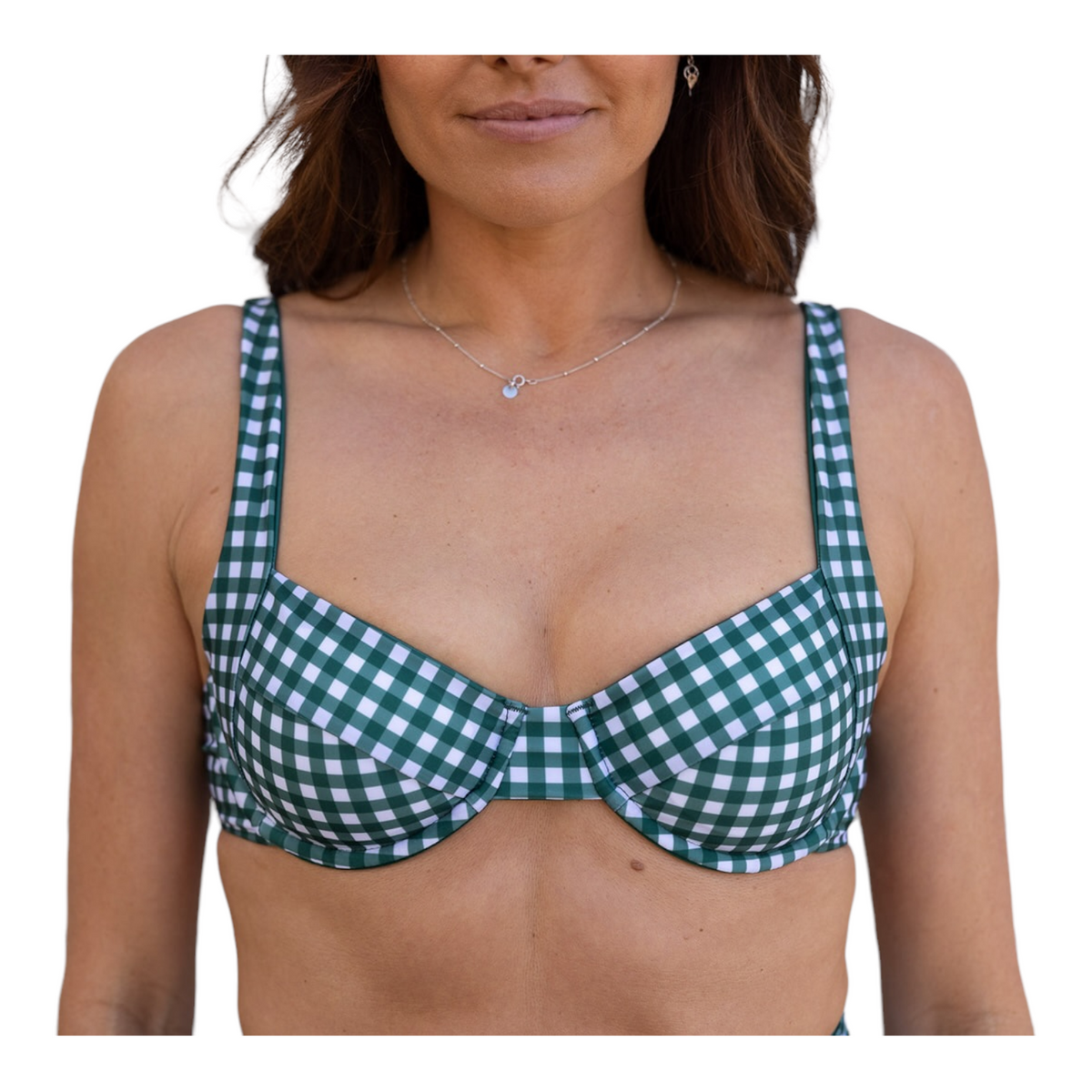 Woman modeling Green Gingham Balconette Top showing underwire support and classic checkered pattern in green and white