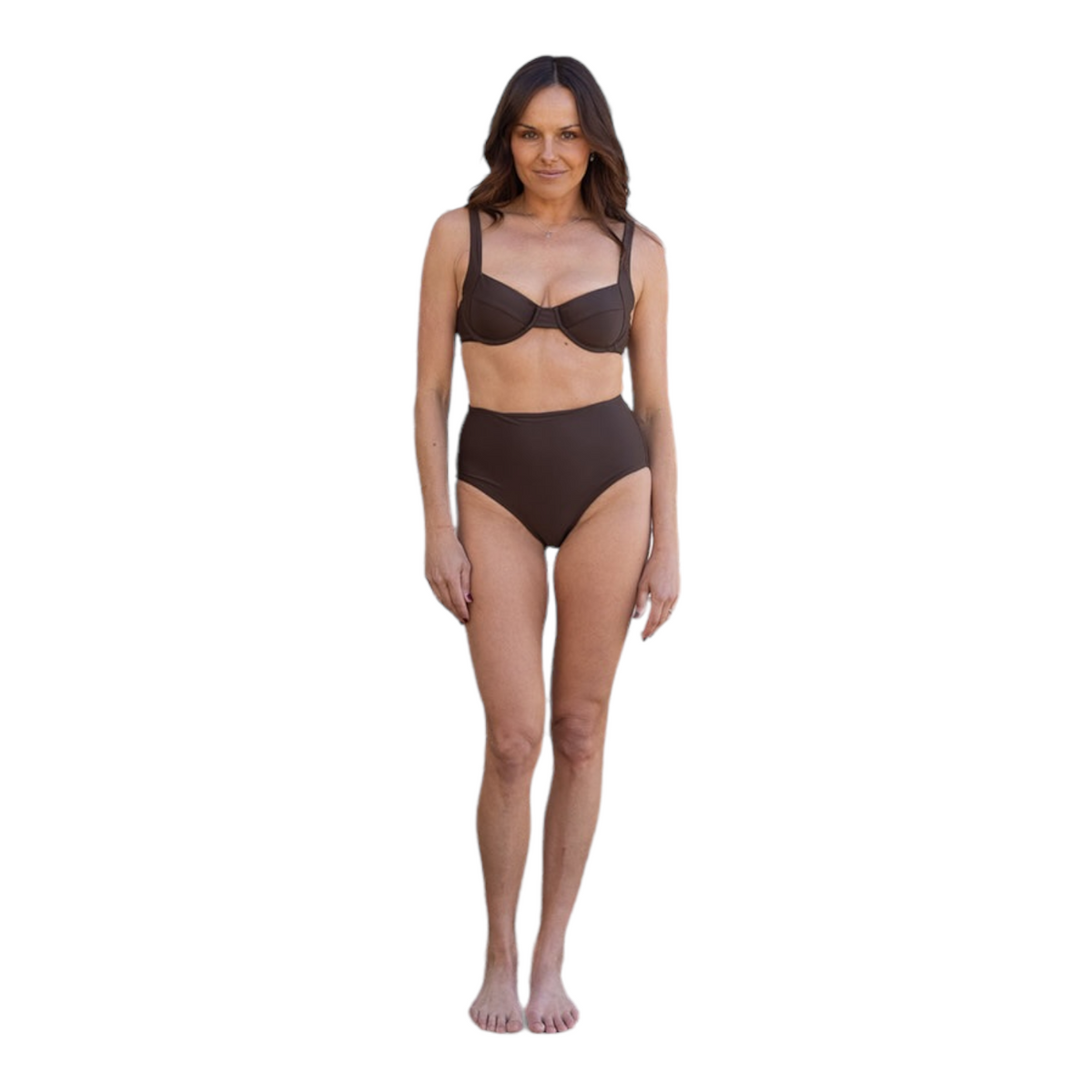 Woman modeling dark brown Chocolate Balconette Top bikini set with high waisted bottoms on white background