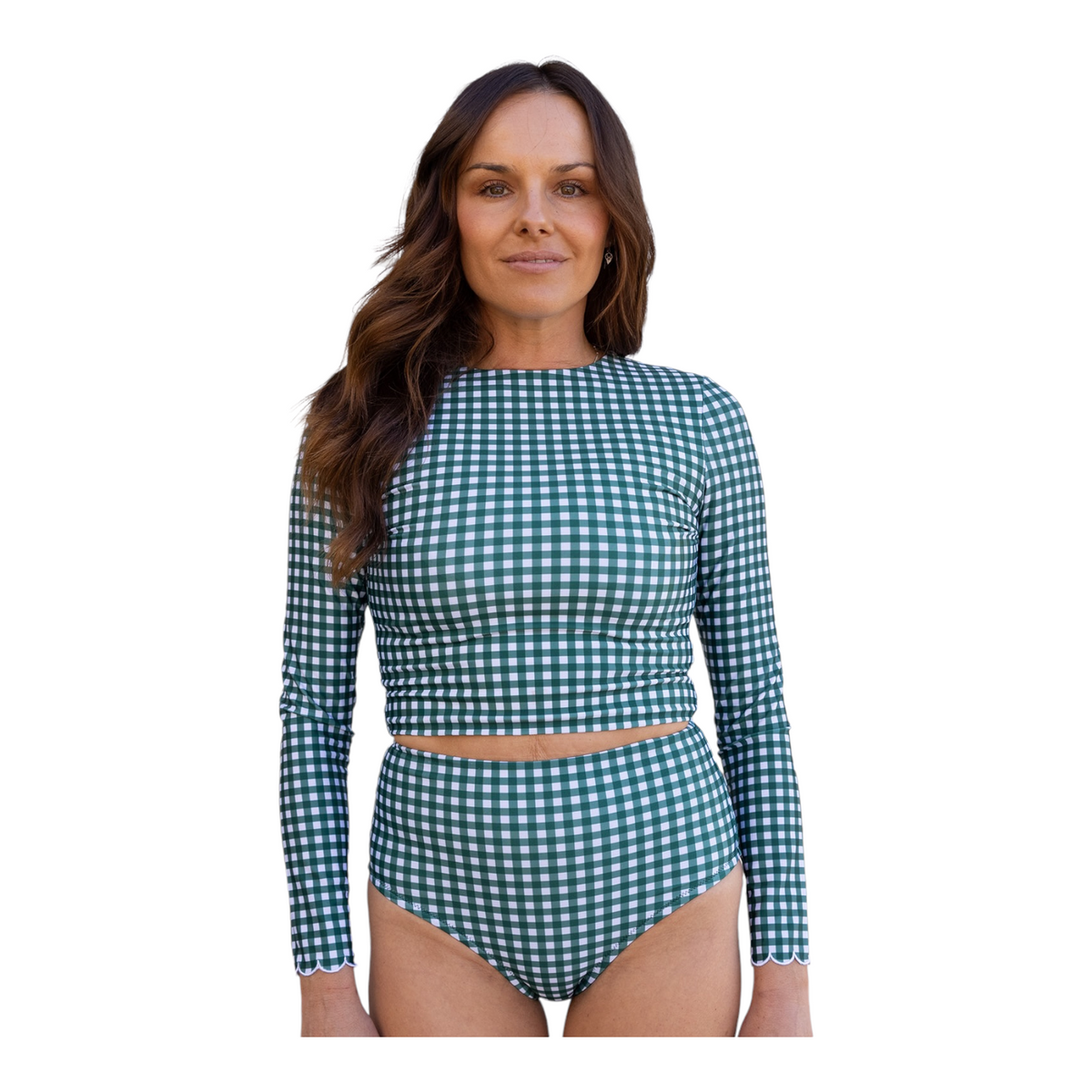 Woman wearing Green Gingham Midi Rash Top with matching bottoms, showing white and green checkered pattern