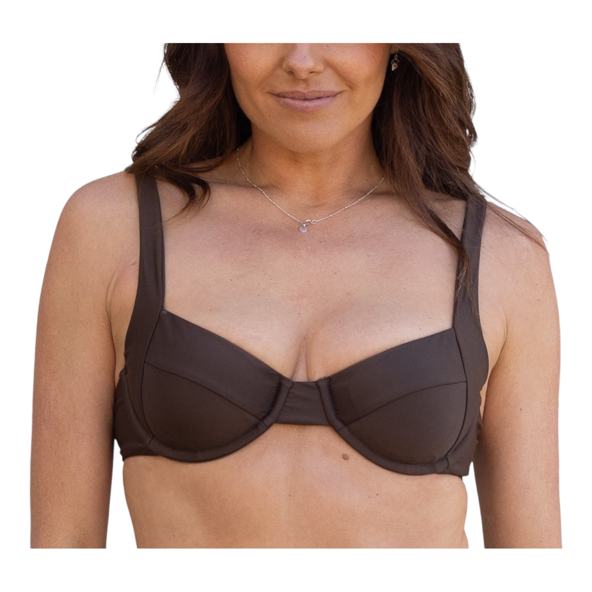 Woman wearing chocolate brown Balconette Top bikini with underwire support and adjustable straps