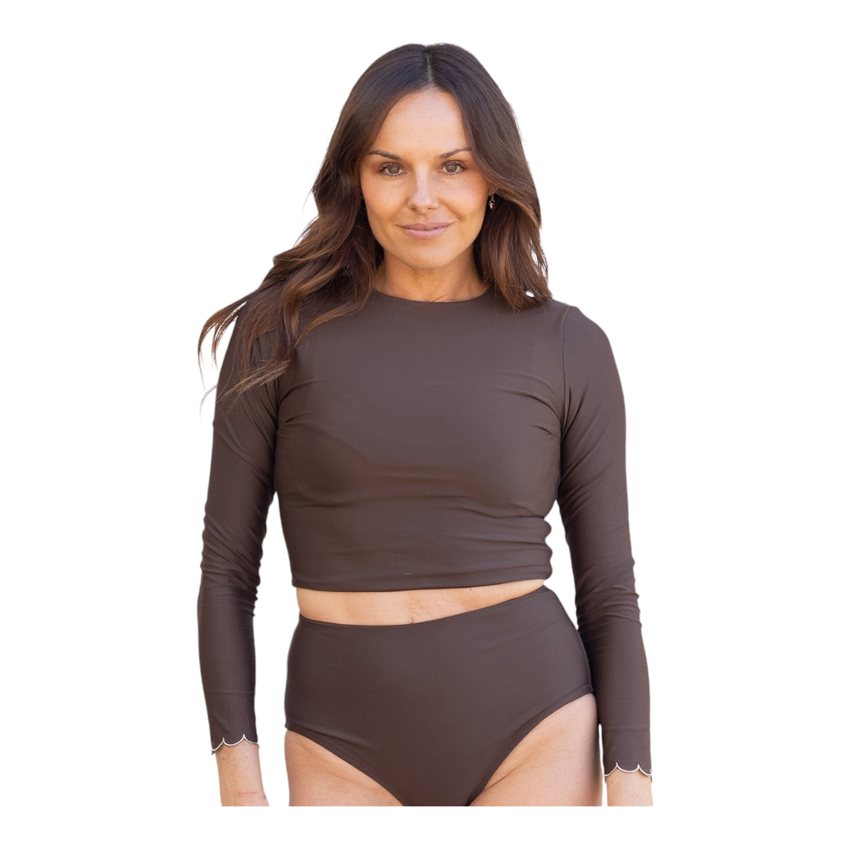 Woman modeling brown Chocolate Midi Rash Top with long sleeves and cropped fit, paired with matching bottoms