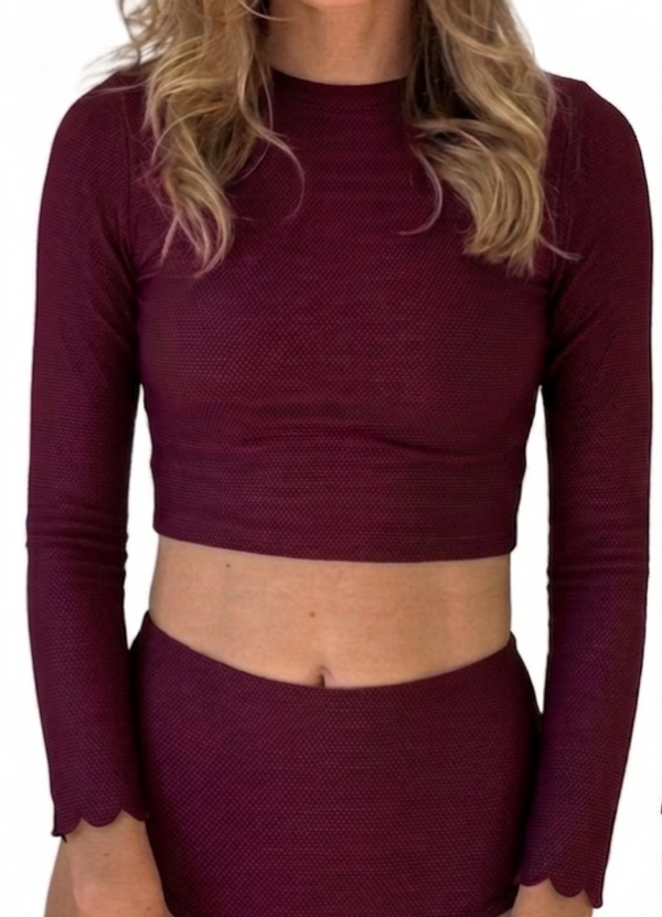 UPF 50+ Wine Rash Top with light blue scallop detail- PRE ORDERS FOR MID AUGUST ARRIVAL